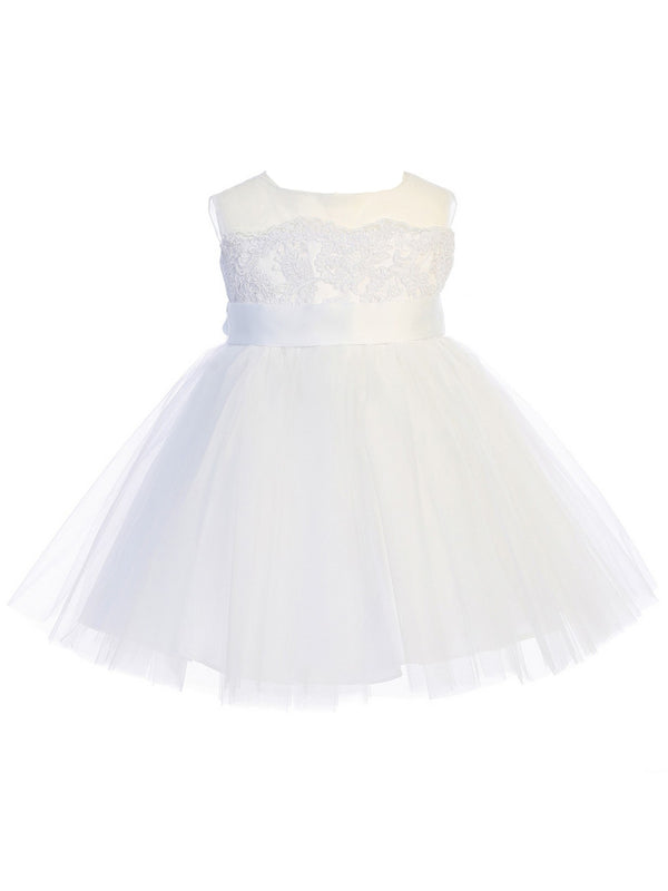 Baby Girls White Illusion Neck Lace Tulle Overlay Flower Girl Dress 6M-24M - SophiasStyle.com